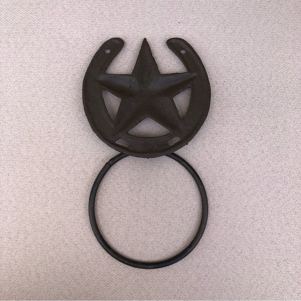 Horseshoe With Lonestar Rustic Cast Iron Barn Style Bath Towel Ring Home Office - Picture 7 of 8